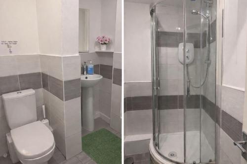 two pictures of a bathroom with a toilet and a shower at Douglas's House in Dublin
