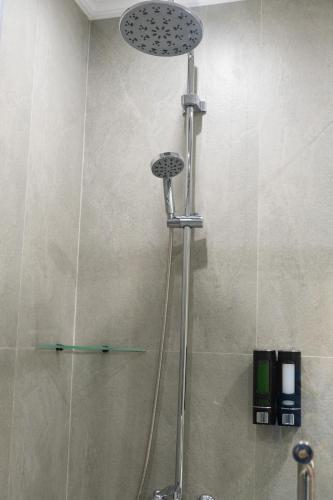 a shower with a shower head in a bathroom at Мегаполис in Astana