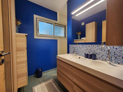 a bathroom with a sink and a blue wall at Symphony - in Saint-Emilion in Saint-Émilion