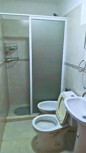 a bathroom with a toilet and a sink and a shower at primitivo complejo in Comandante Luis Piedra Buena