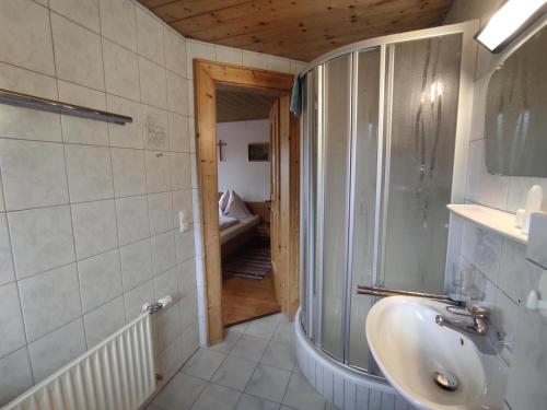 a bathroom with a sink and a glass shower at Haus Bergland in Kartitsch