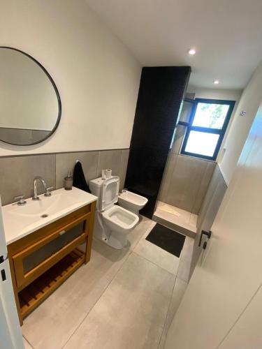 a bathroom with a sink and a toilet and a mirror at La Antonieta in Brandsen