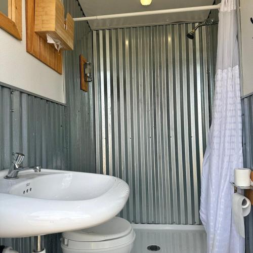 a bathroom with a sink and a toilet and a shower at Starlight Glamping Grand Canyon in Valle