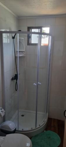 a shower with a glass door in a bathroom at Cabaña Vicente del Mar in Isla Negra
