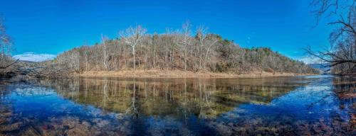a reflection of trees in the water of a river at Khan River Cabin in Great Cacapon
