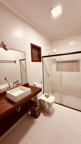 a bathroom with a sink and a toilet and a shower at POUSADA RANCHO PARAISO in Pôrto de Pedras