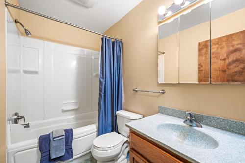 a bathroom with a sink and a toilet and a shower at Haven Home - Deck, Grill, Hiking, Pool Access, Games, Community Playground and Tennis Courts in Berkeley Springs