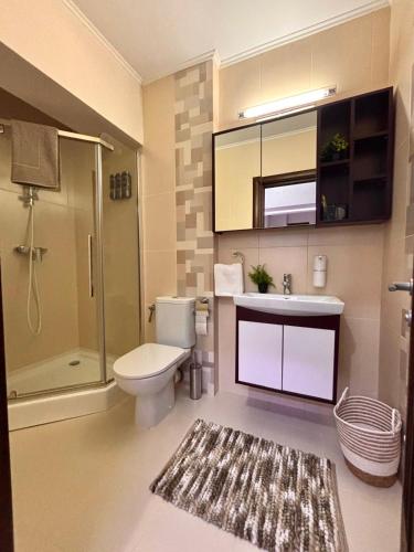 a bathroom with a toilet and a sink and a shower at Sweet Home Apartment in Piteşti