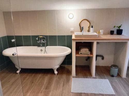 a bathroom with a bath tub and a sink at Studio nature indépendant in Le Gâvre