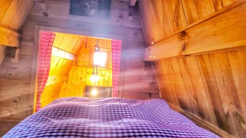 a small bedroom with a bed in a wooden wall at Finnhütte bei GRETA in Marl