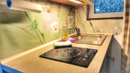 a small kitchen with a sink and a counter top at STUGA bei GRETA in Marl
