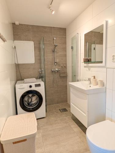 a bathroom with a washing machine and a sink at Private Studio with Bathroom and Kitchen, Central Location in Tromsø