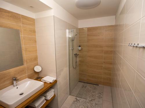 a bathroom with a shower and a sink at Residence Sarka in Prague