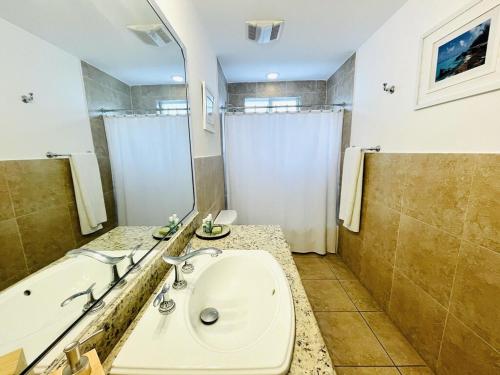 a bathroom with a sink and a tub and a mirror at Sunset Bliss in Abbeyville