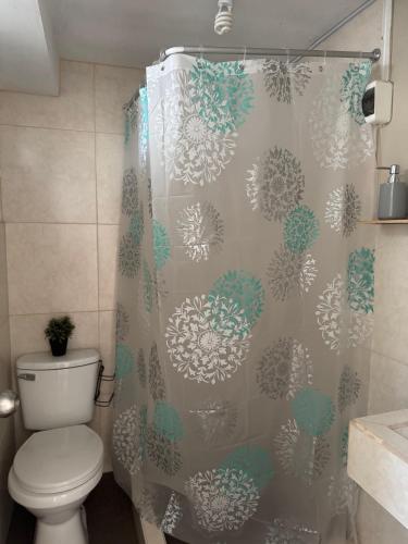 a bathroom with a toilet and a shower curtain at Galicia Lodgement in Lima