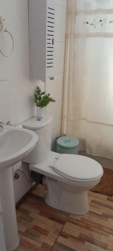 a white bathroom with a toilet and a sink at Hostal Pura Vida in Santiago