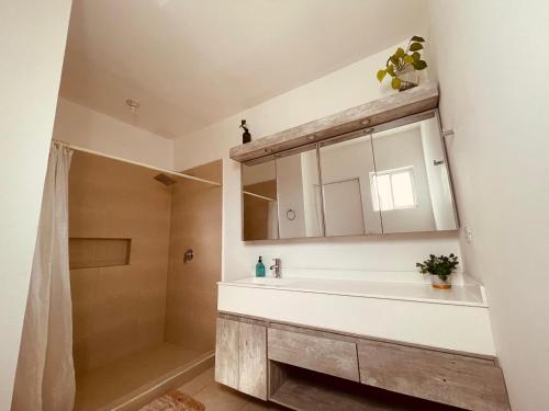 a bathroom with a sink and a shower at Casa en fraccionamiento privado in Saltillo