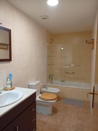 a bathroom with a toilet and a tub and a sink at Apartamento Gold Cadí in Guardiola de Berguedà