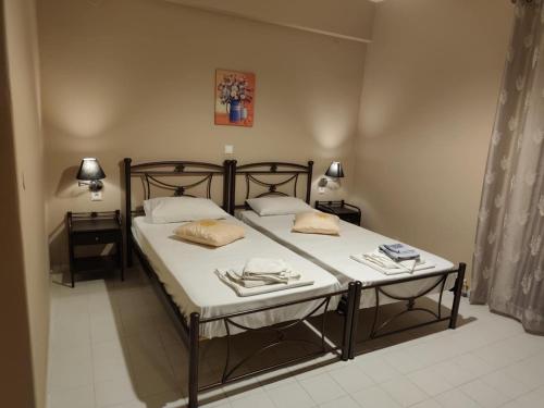 a bedroom with two beds and two tables and two lamps at Alexia Ferentinou in Fiskardo