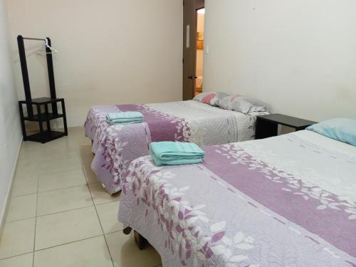 ein Zimmer mit drei Betten mit lila und weißen Decken in der Unterkunft Hotel Morelia Nova in Morelia