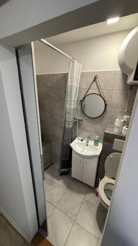 a bathroom with a toilet and a sink and a mirror at Špeluňka in Luhačovice