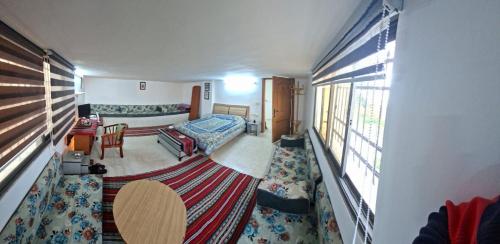 a room with a bed and a table and a window at Mountain Pad Overlooking Jerash - HQ Budget stay in Jerash