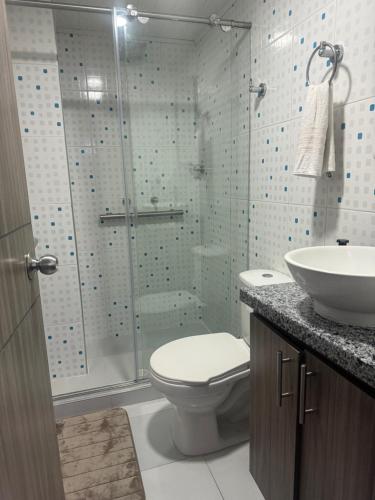 a bathroom with a shower and a toilet and a sink at En el corazon de Dosquebradas in Dosquebradas