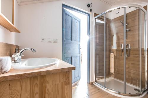 a bathroom with a sink and a shower at Stara Pompka Studio na Górze in Czeremcha