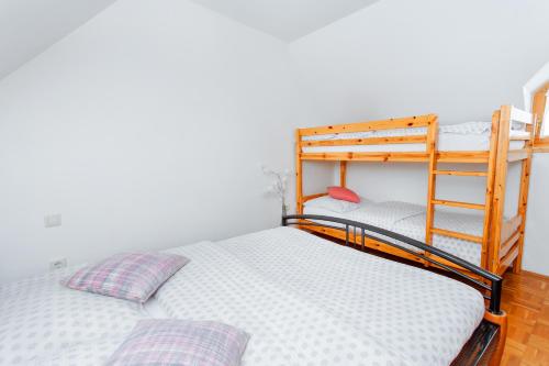 a bedroom with two bunk beds and a ladder at Apartments Prekmurska vas - Vital Resort in Moravske Toplice