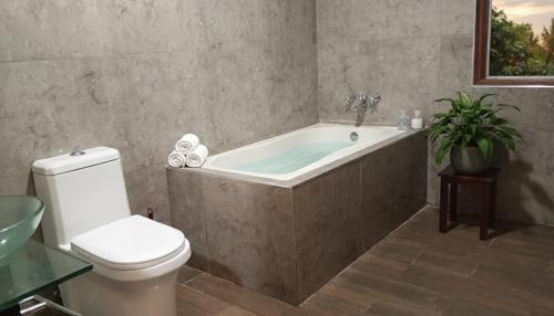a bathroom with a toilet and a bath tub at Casa Blanca Andina in Cajamarca