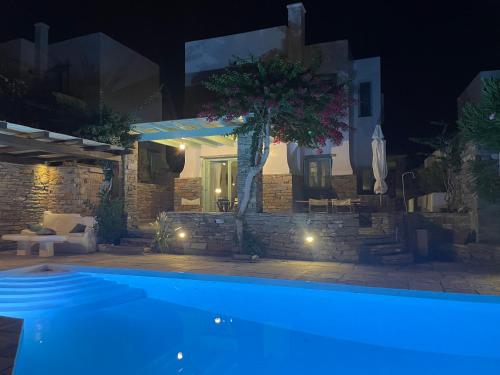 a swimming pool in a yard at night at Waterfront Villa with private pool in Melissaki
