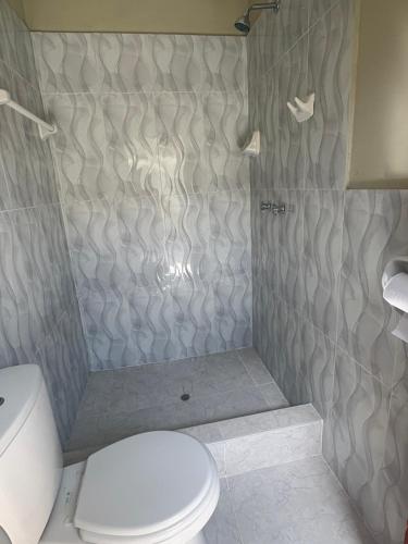 a bathroom with a toilet and a shower at Alojamiento "Selva Del Sol" in Rioja