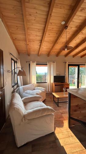 a living room with two couches and a wooden ceiling at Patagonia in Trevelín
