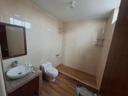 a bathroom with a toilet and a sink and a mirror at Miski Wasi in Tacna