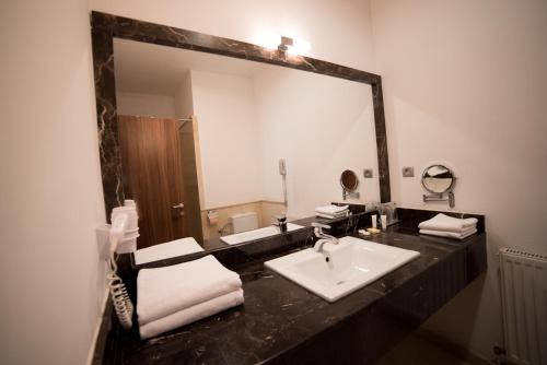 a bathroom with a sink and a large mirror at Hotel Gott in Braşov
