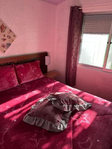 a pink bedroom with a bed with a red comforter at Picaflor in Barra del Chuy