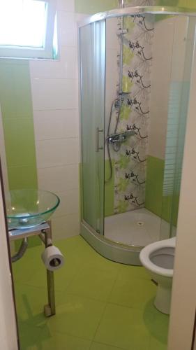 a bathroom with a shower and a sink and a toilet at Кичук Париж in Plovdiv