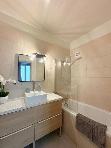 a bathroom with a sink and a shower at La Parenthèse à Foix in Foix