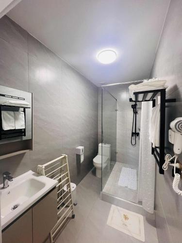 a bathroom with a shower and a sink and a toilet at Och Service Apartment in Ulaanbaatar