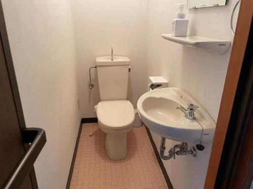 a small bathroom with a toilet and a sink at Pension KUROSHIOMARU in Setouchi