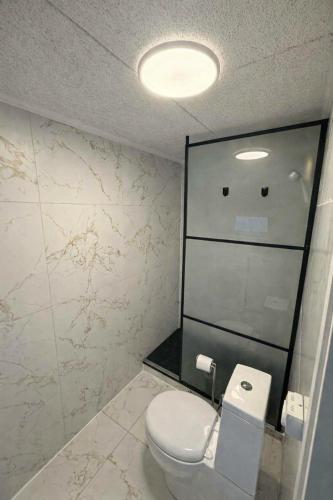 a bathroom with a toilet and a glass wall at Hel hus i rolig by in Birkelse