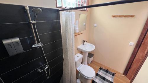 a bathroom with a shower with a toilet and a sink at Hiti Village G3 in Tikehau