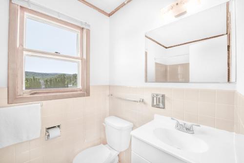 a bathroom with a toilet and a sink and a window at Knights Inn Pine Grove in Pine Grove