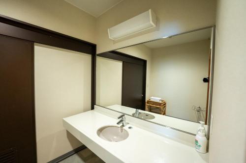a bathroom with a sink and a large mirror at Asoviva Nagano Park in Nagano