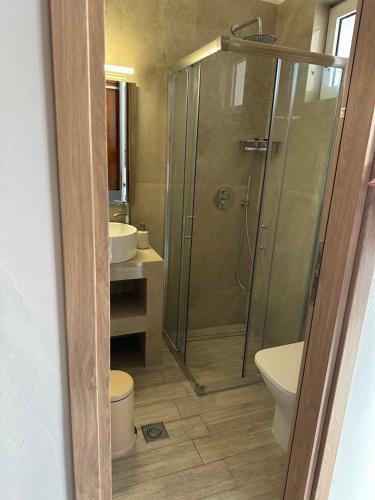 a bathroom with a shower and a toilet and a sink at POLITIS STUDIOS in Kefalos