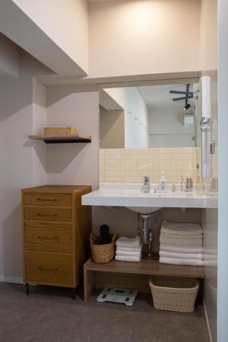 a bathroom with a sink and a mirror at NIYS apartments 82type in Tokyo