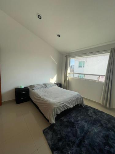 a bedroom with a bed with a window and a rug at Alma Xoloitzcuintle in Hércules