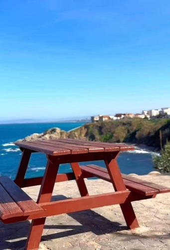 Una mesa de picnic situada en lo alto de un acantilado con vistas al océano. en Résidence Océane T2, en Argel