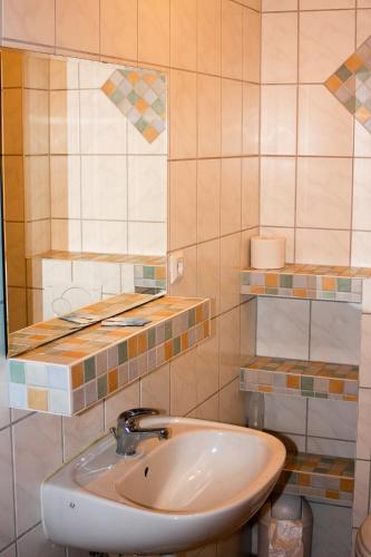 a bathroom with a sink and a mirror at Im Obsthaus 9 in Göhl