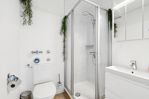 a bathroom with a shower and a toilet and a sink at Schneerosenblüte Steibis mit O Plus in Oberstaufen